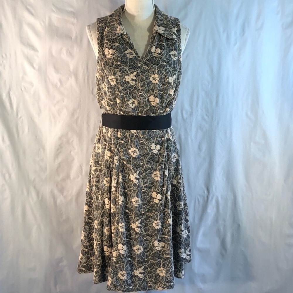 Bethany Cream Lace Overlay Black Lining Sleeveless Collared Fit & Flare Dress 14